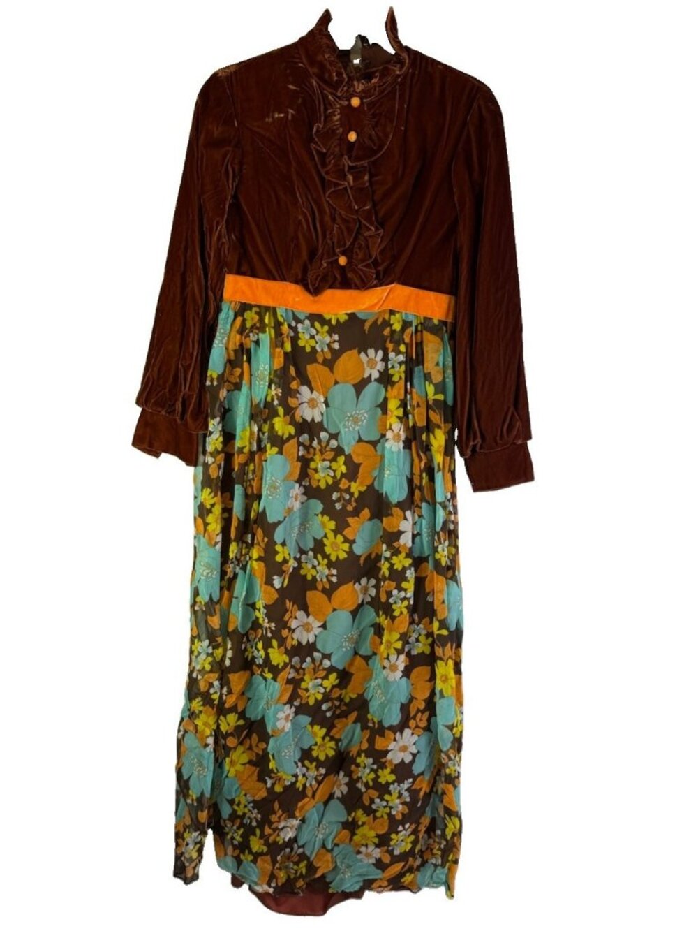 Vintage 70s Gown Dress Trippy Retro Floral Velour Frill Disco Mod